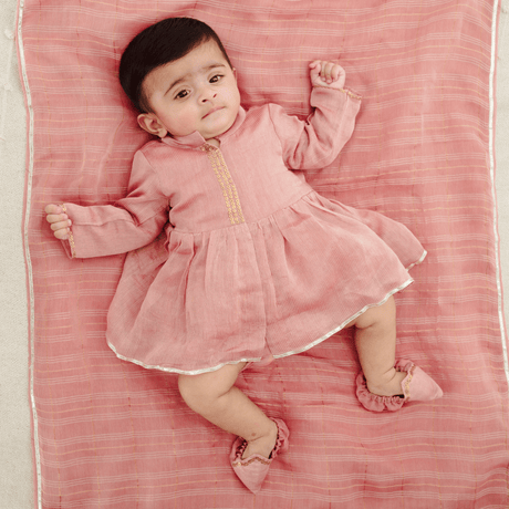 Zoey Ethnic Wear Chanderi Cuddle - Elegant Newborn Ethnic Dress Set in Blush Chanderi (Jamna Set)