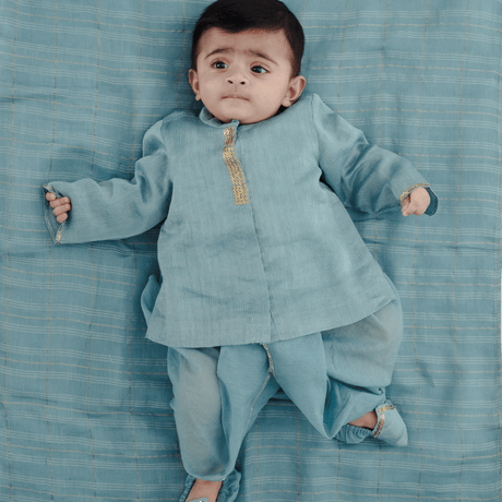 Zoey Ethnic Wear Dhoti Delight in Chanderi - Elegant Newborn Ethnic Dhoti Set in Blue Chanderi (Jamna Set)