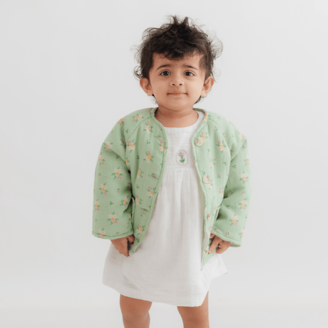 Zoey Jacket Full Sleeve Muslin Winter Jacket (Green Floral)
