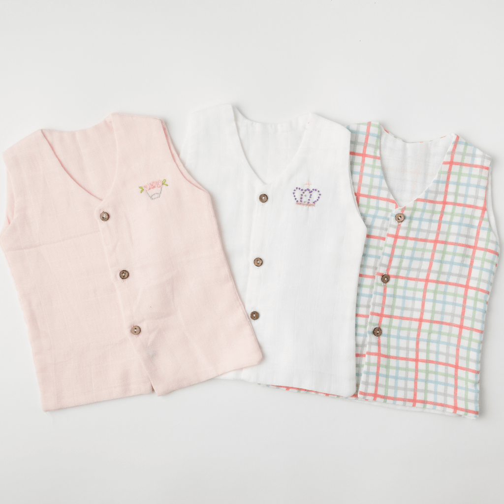 Zoey Muslin Vests Set of 3 Newborn Muslin Vests (Pink, Checks, White)
