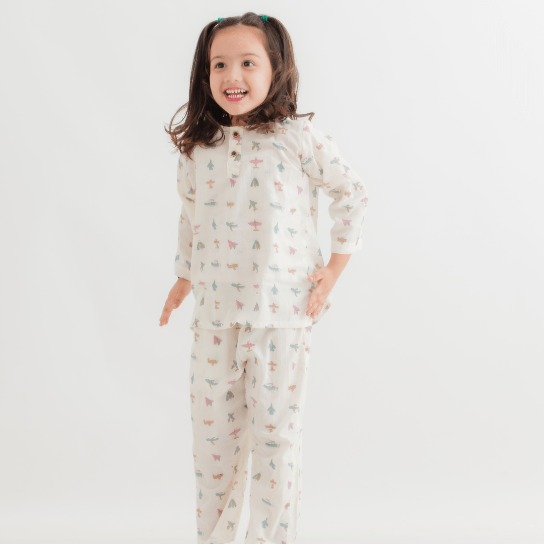 Zoey night suit Paper Plane Dreams Kurta Style Night Suit - PINK (Pure Voile Cotton)