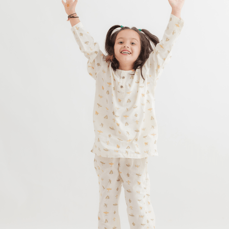 Zoey night suit Paper Plane Dreams Kurta Style Night Suit - YELLOW (Pure Voile Cotton)