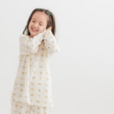 Zoey night suit Paper Plane Dreams Kurta Style Night Suit - YELLOW (Pure Voile Cotton)