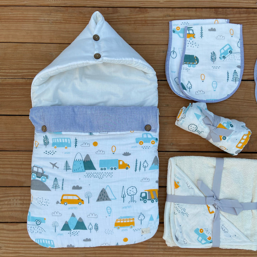 Zoey save on combos Hospital Bag Must Haves Combo - Little Campers Theme (total 16 Muslin Items)