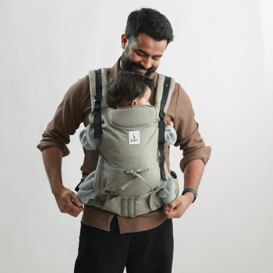 Fully Adjustable Zoey’s Baby Carrier, Made Of Linen Cotton, Safe Ergonomic, Carry Positions, for Months to Year Old Baby (Sage Green Color)
