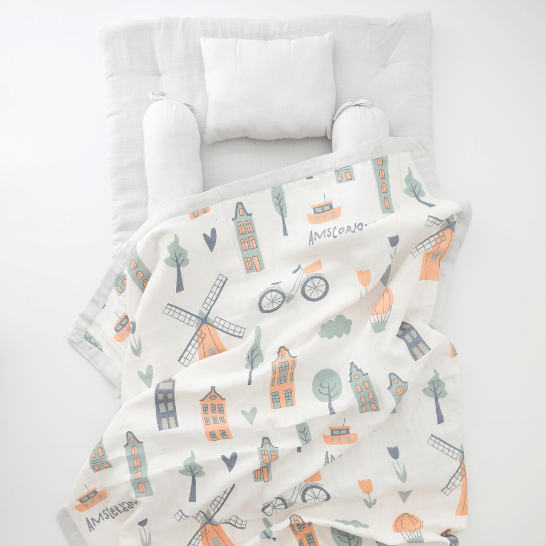 Zoey bedding set With Blanket (Dohar) Amsterdam Mini Bedding Set (Organic Muslin 0-1 Years)