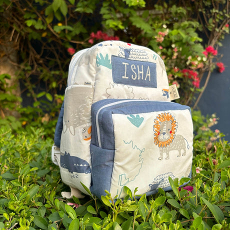 Zoey bonsai backpack Blue Piping / 2 - 4 Years Happy Animal Tribe School Bag (Personalise)