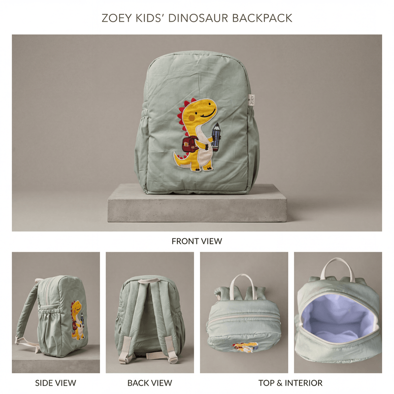 Handcrafted Study Buddy Dino School Bag (Personalise) — open view