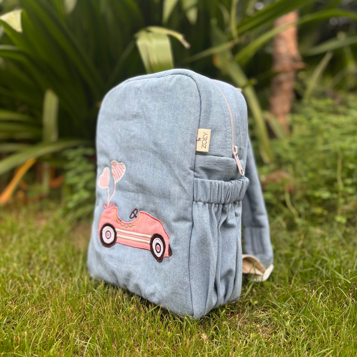 Zoey bonsai backpack Pink Pitstop Denim Backpack School Bag (Personalise)