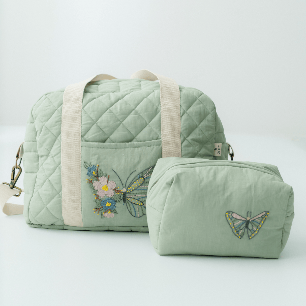 Zoey diaper bag With Toiletry Pouch Hand Embroidered Butterfly Flutter Diaper Bag