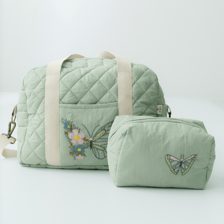 Zoey diaper bag With Toiletry Pouch Hand Embroidered Butterfly Flutter Diaper Bag