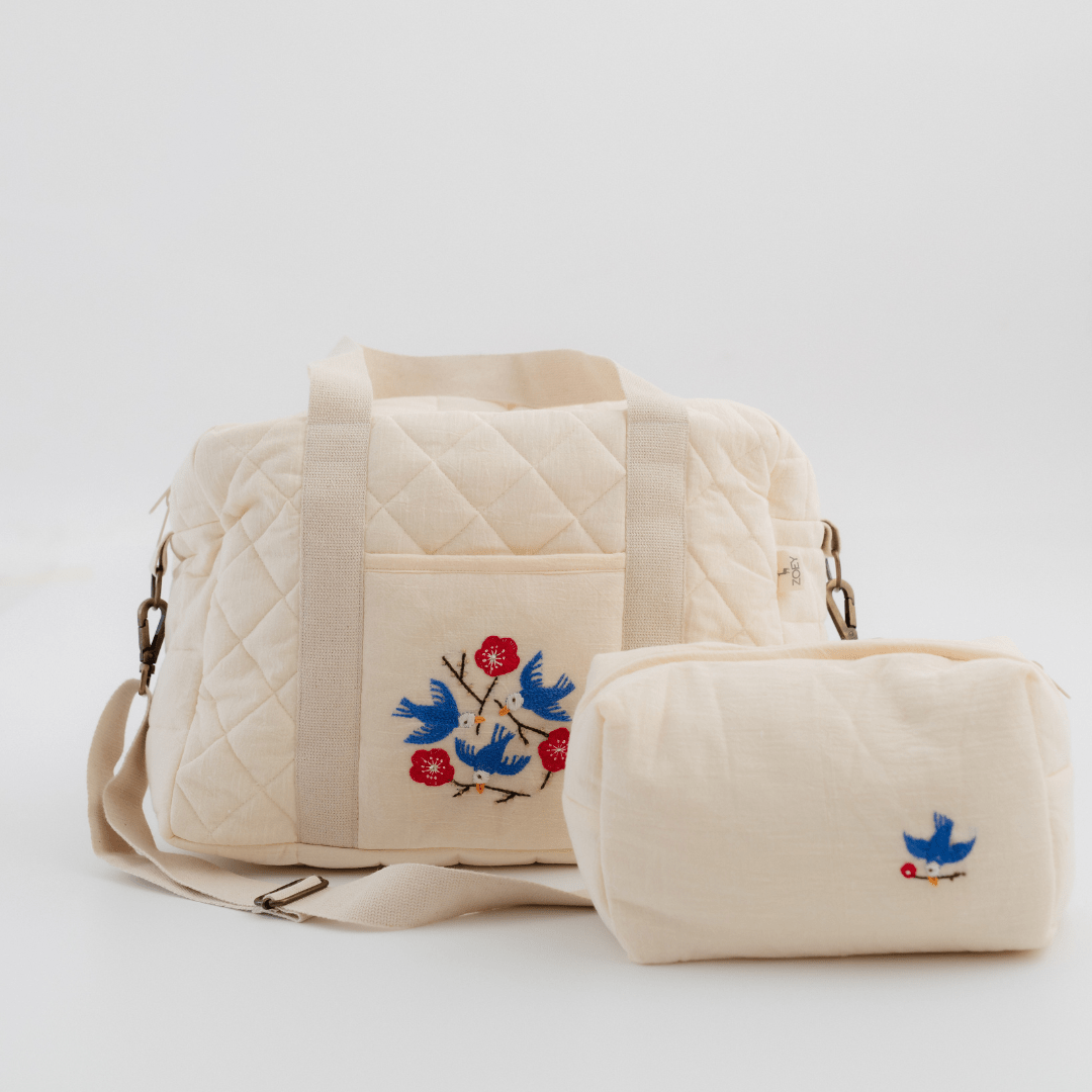Zoey diaper bag With Toiletry Pouch Hand Embroidered Songbirds Perch Diaper Bag (Pure Cotton)