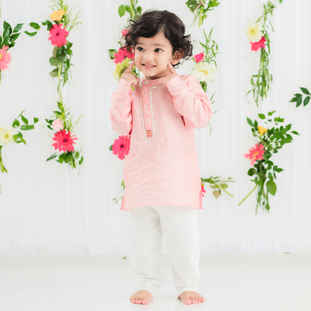 Chanderi Candy Charming Baby Boy Short Kurta Pajama Set in Blush Chanderi