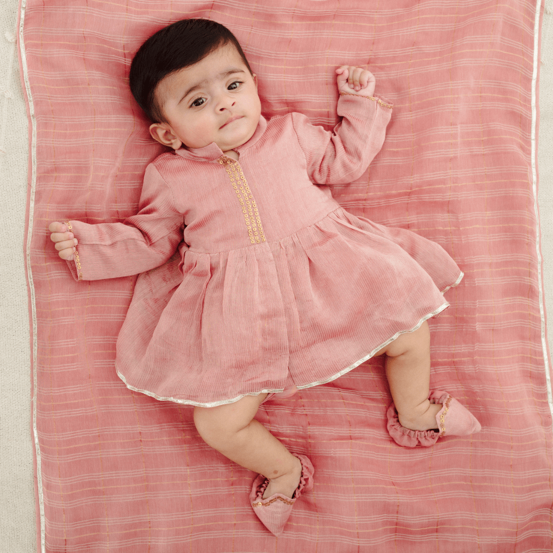 Chanderi Cuddle Elegant Newborn Ethnic Dress Set in Blush Chanderi Jamna Set