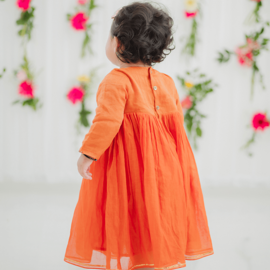 Zoey Ethnic Wear Chanderi Flame - Elegant Baby Long Dress in Burnt Orange Chanderi