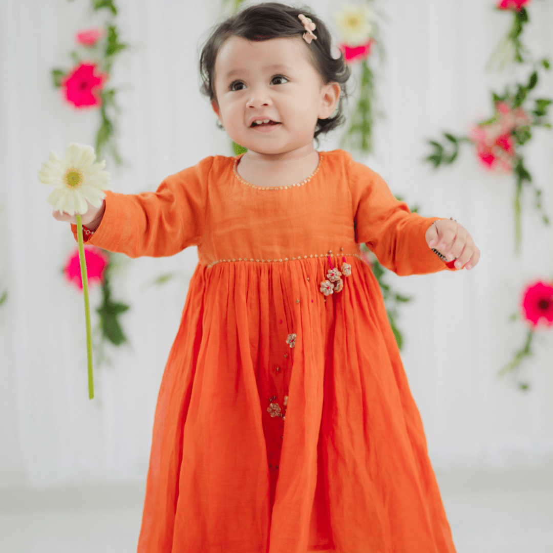 Chanderi Flame Elegant Baby Long Dress in Burnt Orange Chanderi