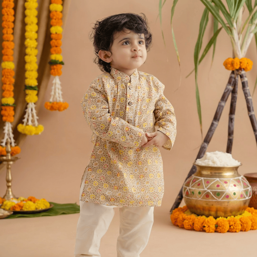 Zoey Ethnic Wear Classic Floral Print Kurta Pajama Set for Kids- Limited Festive Edition