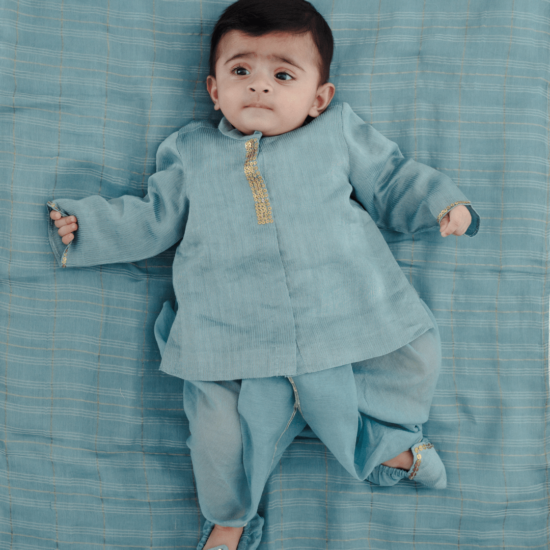Dhoti Delight in Chanderi Elegant Newborn Ethnic Dhoti Set in Blue Chanderi Jamna Set