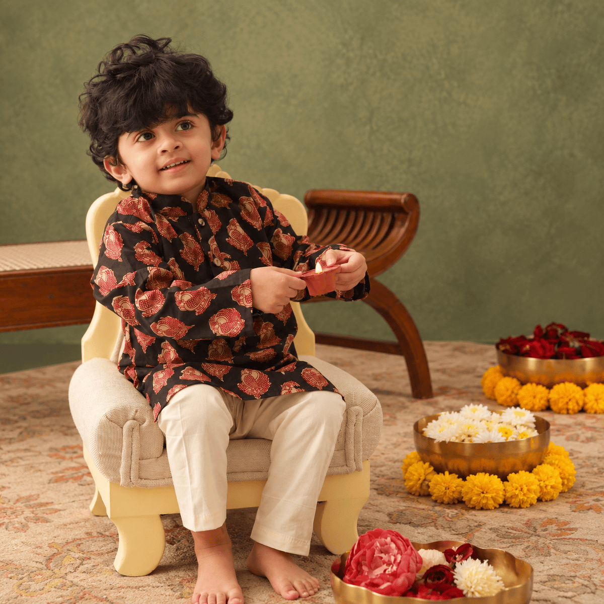 Zoey Ethnic Wear The Midnight Flock Kurta Pajama Set for Kids- Limited Festive Edition