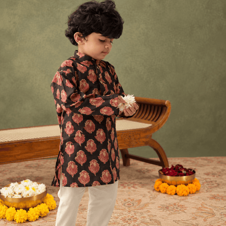 Zoey Ethnic Wear The Midnight Flock Kurta Pajama Set for Kids- Limited Festive Edition
