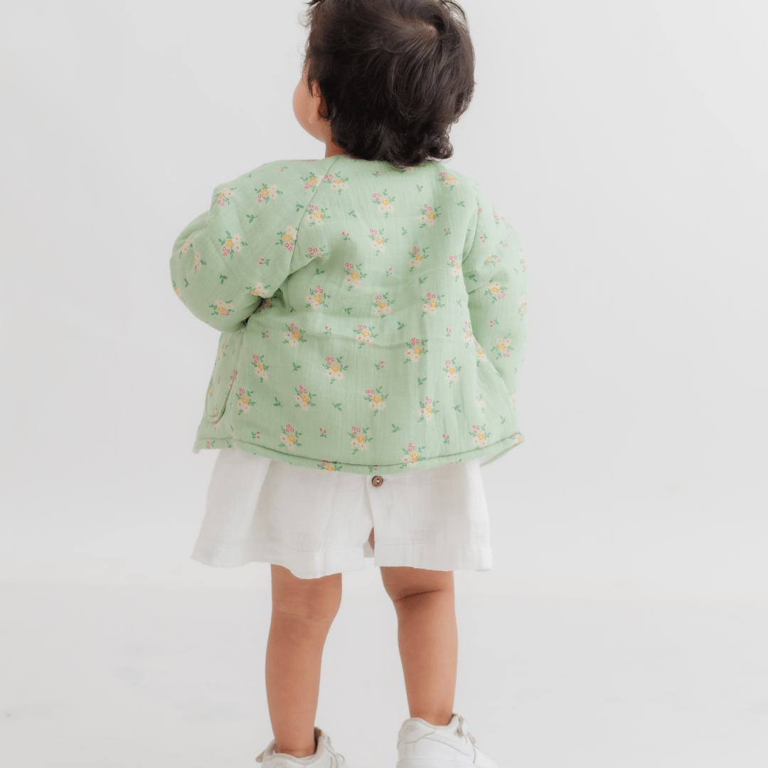 Zoey Jacket Full Sleeve Muslin Winter Jacket (Green Floral)