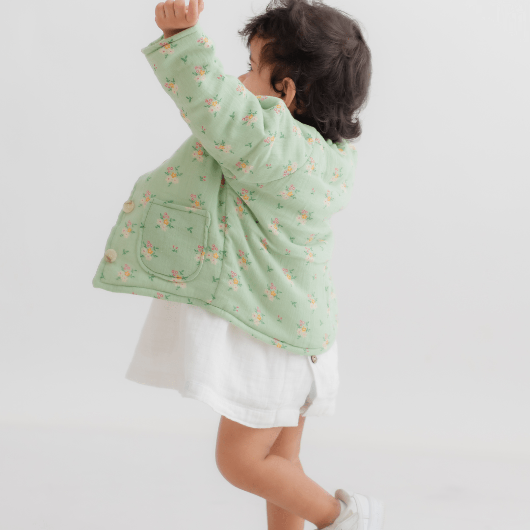 Zoey Jacket Full Sleeve Muslin Winter Jacket (Green Floral)