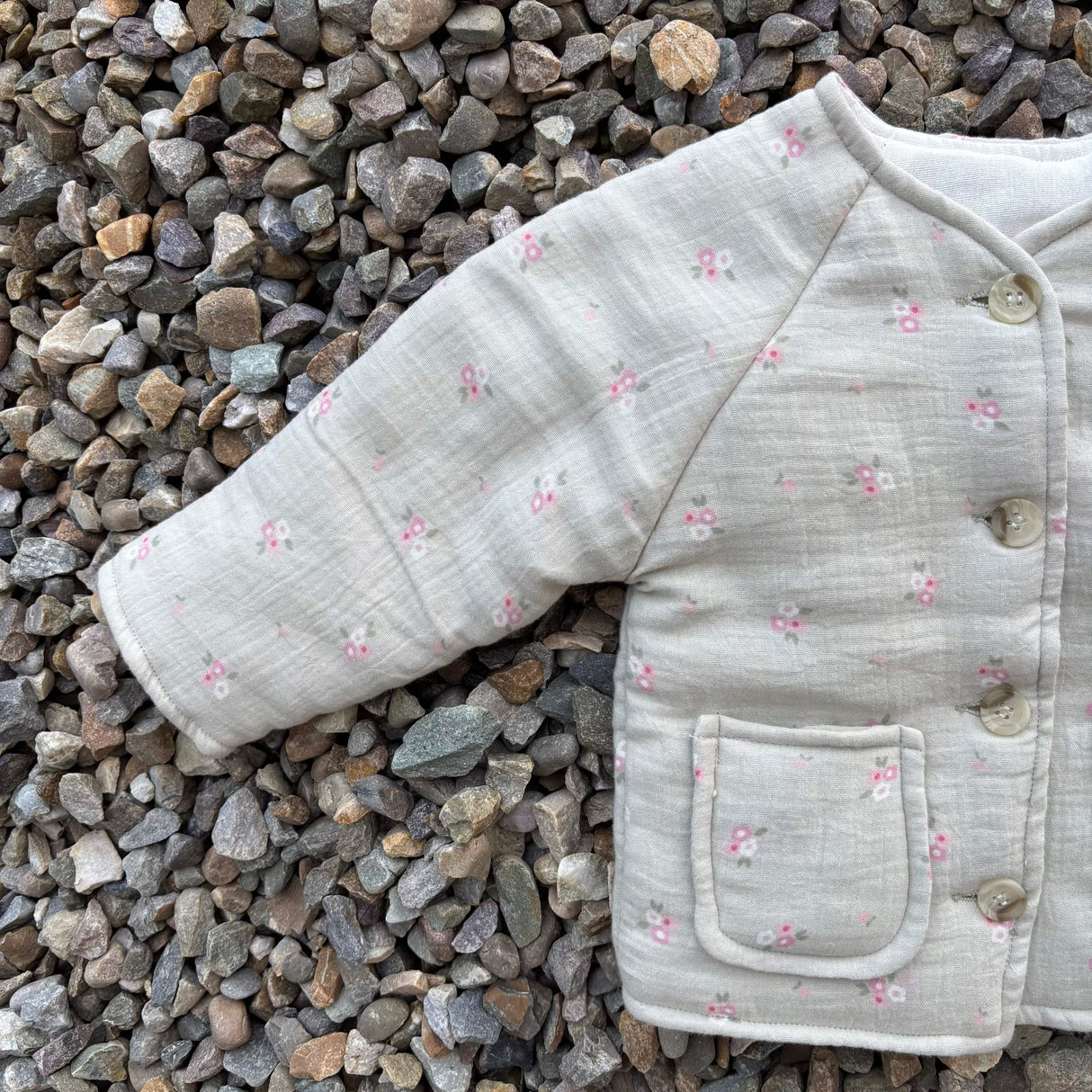 Zoey Jacket Full Sleeve Muslin Winter Jacket (Grey Floral)
