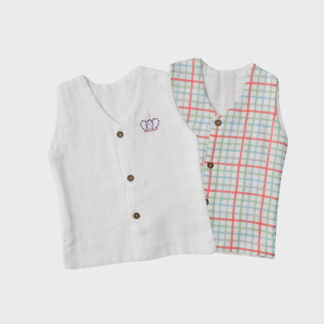 Zoey Muslin Vests Set of 2 Newborn Muslin Vests (Checks, White)