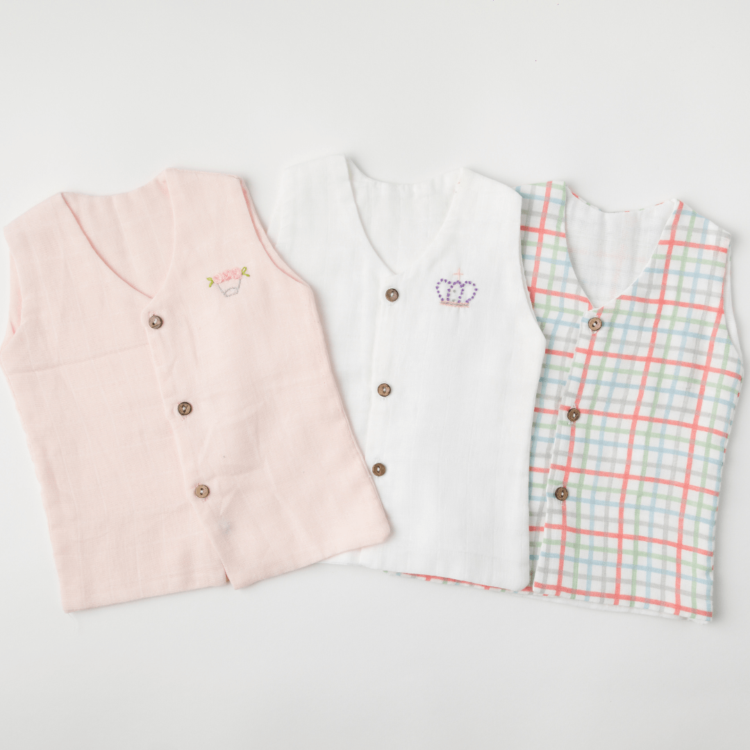 Zoey Muslin Vests Set of 3 Newborn Muslin Vests (Pink, Checks, White)