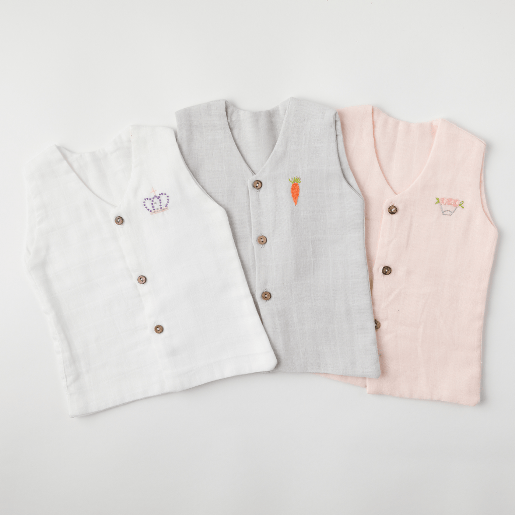 Zoey Muslin Vests Set of 3 Newborn Muslin Vests (Pink, Grey, White)