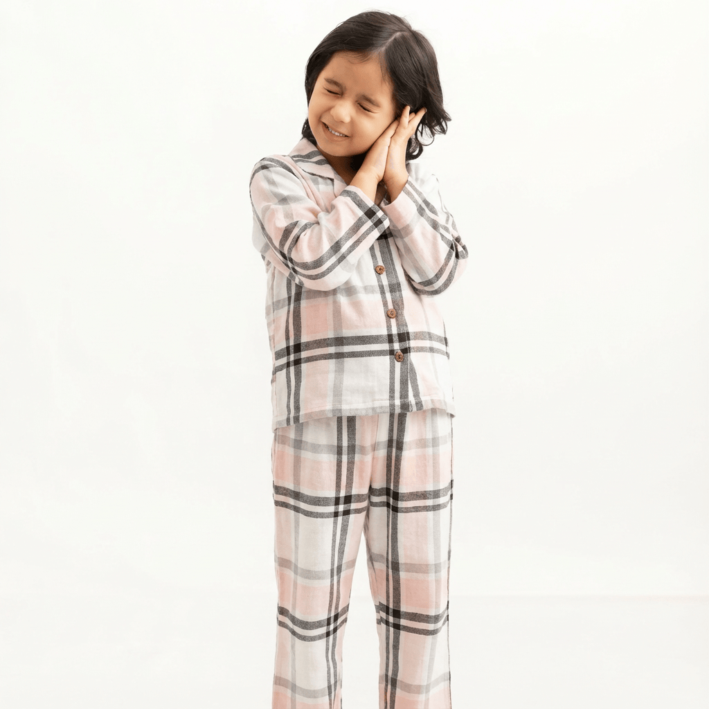 Zoey night suit Blush Checks Kids Night Suit (Flannel Cotton)