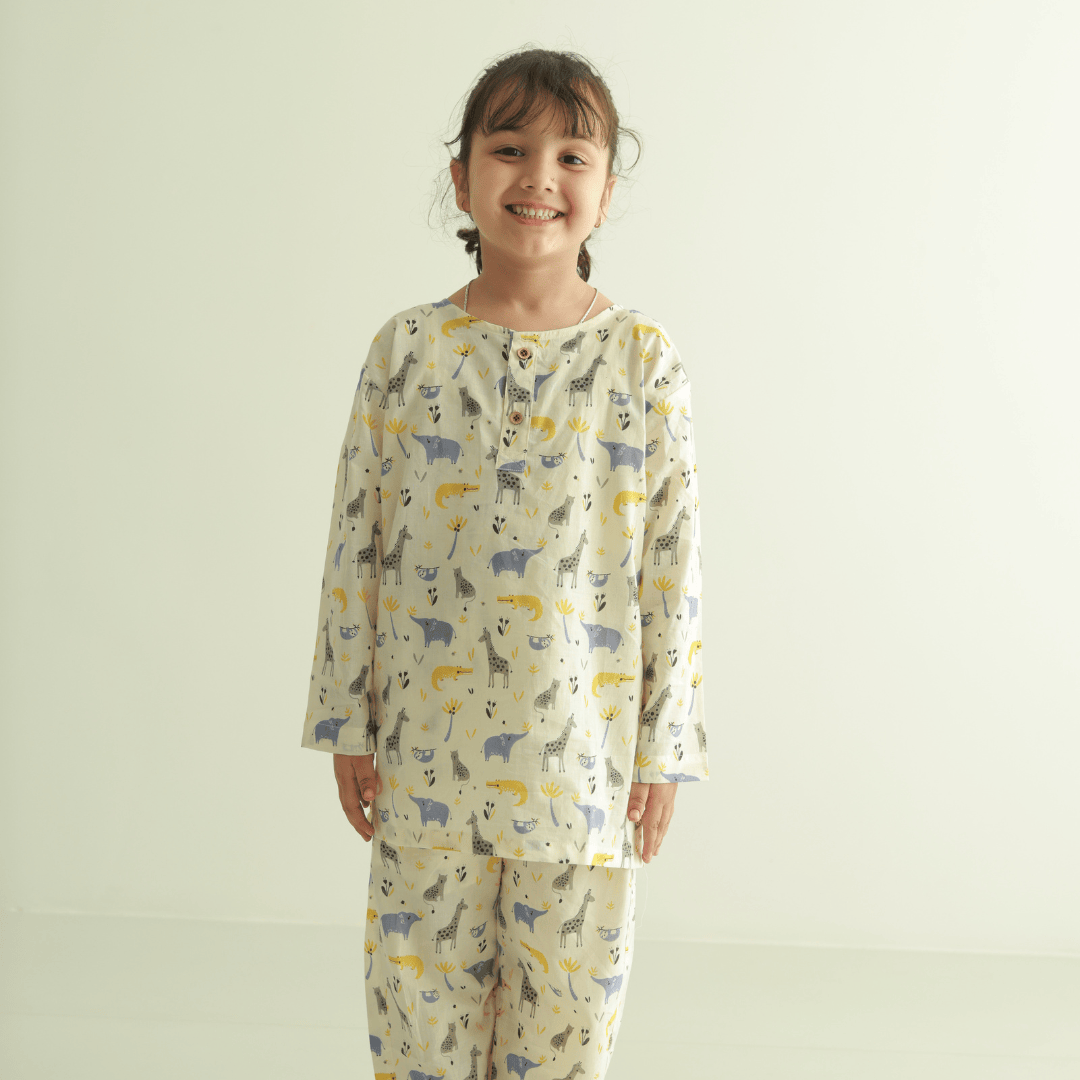 Zoey night suit Jungle Pals Kurta Style Night Suit - (Cambric Cotton)