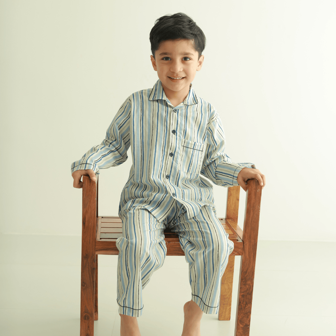 Zoey night suit Ocean Stripe Kids Night Suit (Cotton Cambric)