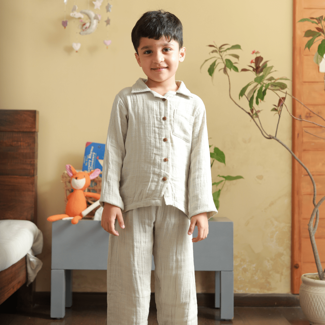 Zoey night suit Olive Hush Organic Muslin Nightsuit