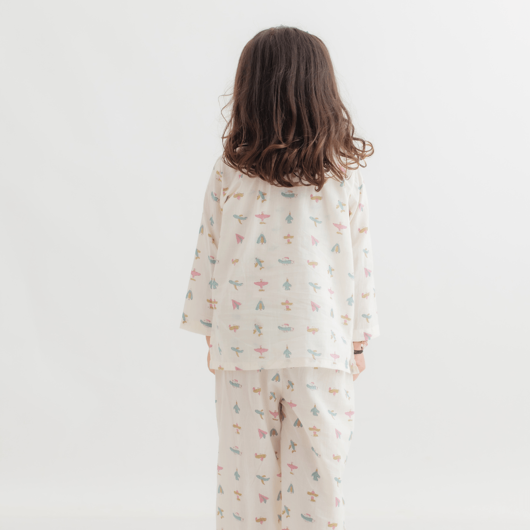 Zoey night suit Paper Plane Dreams Kurta Style Night Suit - PINK (Pure Voile Cotton)