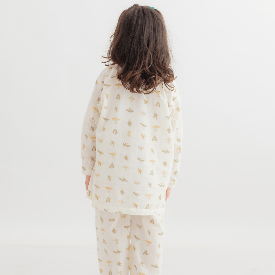 Zoey night suit Paper Plane Dreams Kurta Style Night Suit - YELLOW (Pure Voile Cotton)