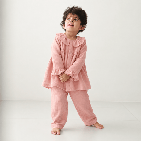 Zoey night suit Ruffle Rose Muslin Kids Night Suit (Personalised)