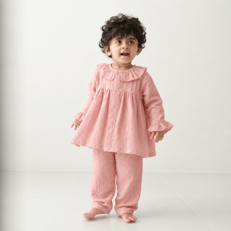 Zoey night suit Ruffle Rose Muslin Kids Night Suit (Personalised)