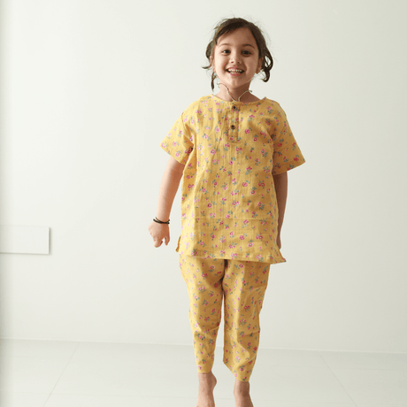 Zoey night suit Sunehri Snuggles Muslin Nightsuit (Short Sleeves)