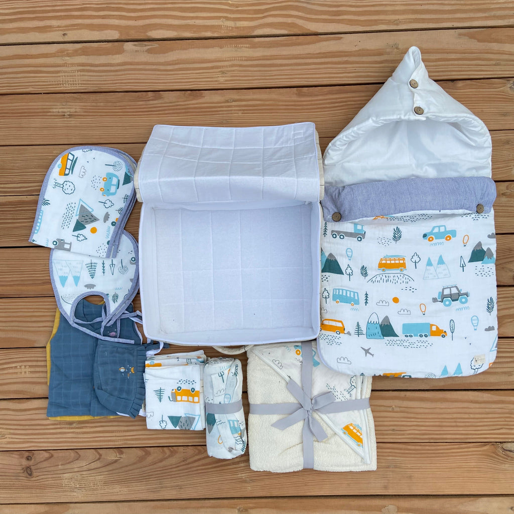 Zoey save on combos Hospital Bag Must Haves Combo - Little Campers Theme (total 16 Muslin Items)