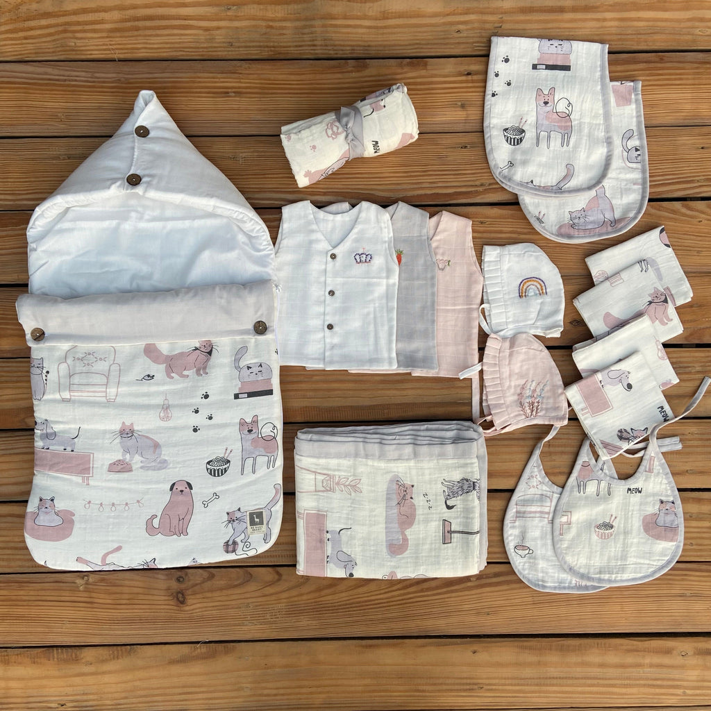 Zoey save on combos Hospital Bag Must Haves Combo - Woofles & Purrito (total 16 Muslin Items)