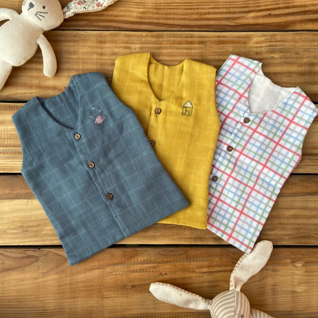 Zoey Muslin Vests Set of 3 Newborn Muslin Vests (Blue, Mustard, Checks)