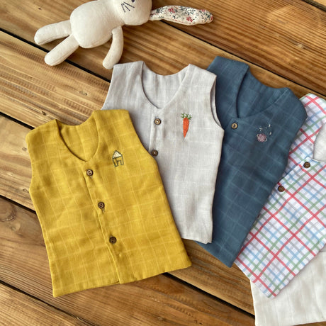 Zoey Muslin Vests Set of 5 Newborn Muslin Vests (Blue, Grey, Mustard, Checks and White)